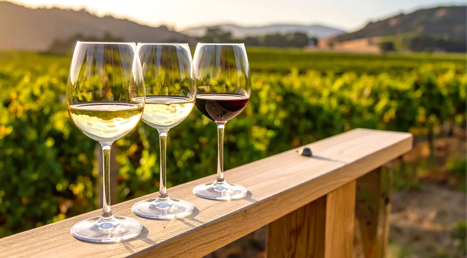 Two glasses of white wine and one of red lined up on a wooden rail in front of a vineyard