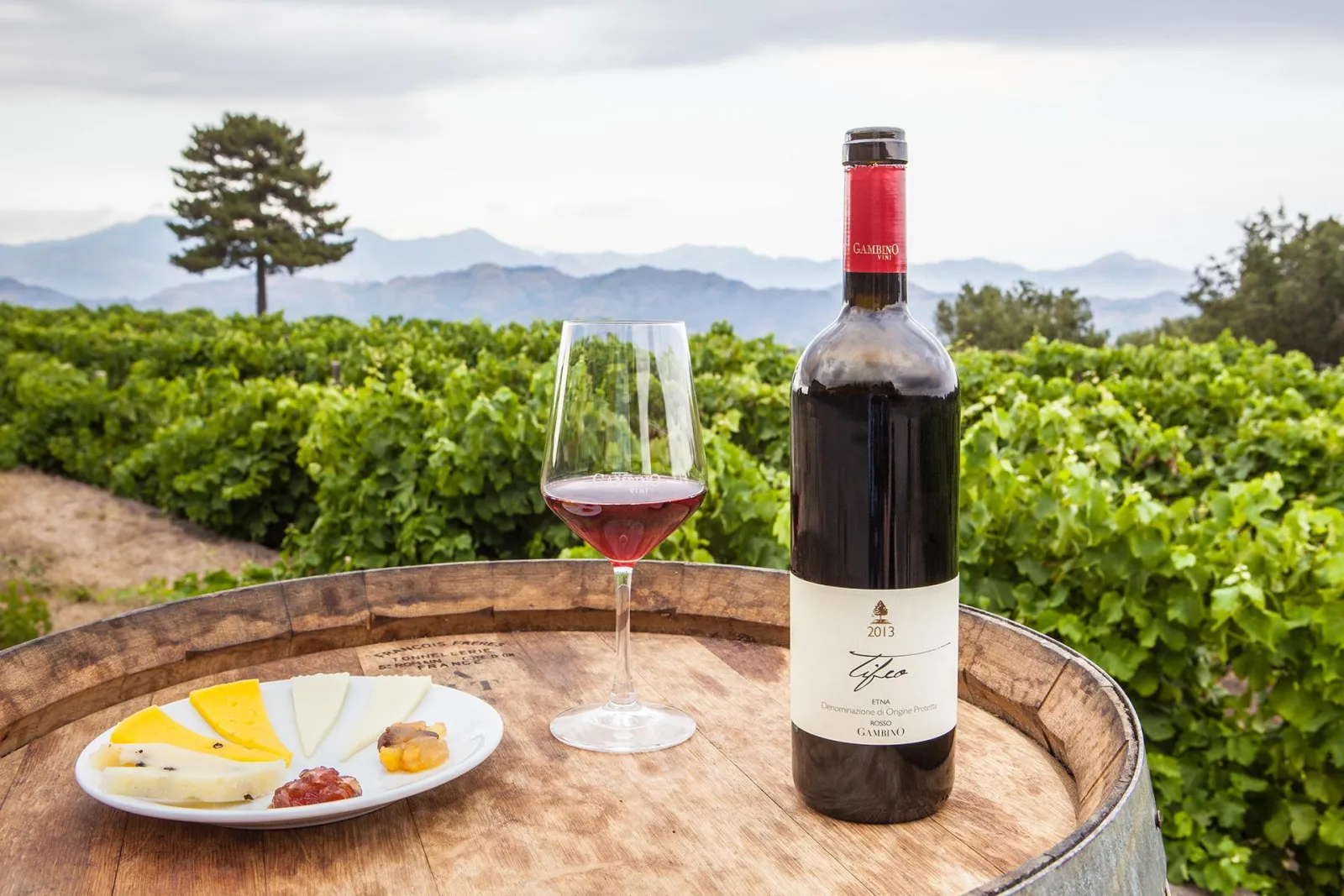 Wine, a cheese plate and a bottle set on a barrel between the vine rows